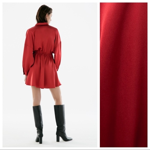 🌹NWT. Zara Dark Pink/Red Satin Shirt Mini Dress with V-neck. Size L. - Picture 2 of 10